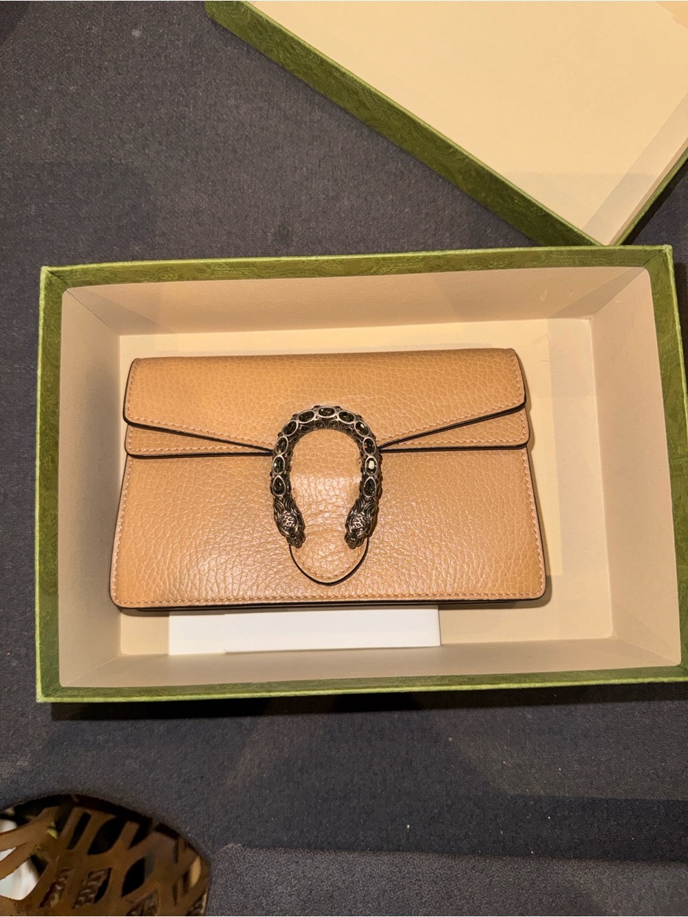 Embellished Silver Dragon Clasp Leather Clutch - Tan